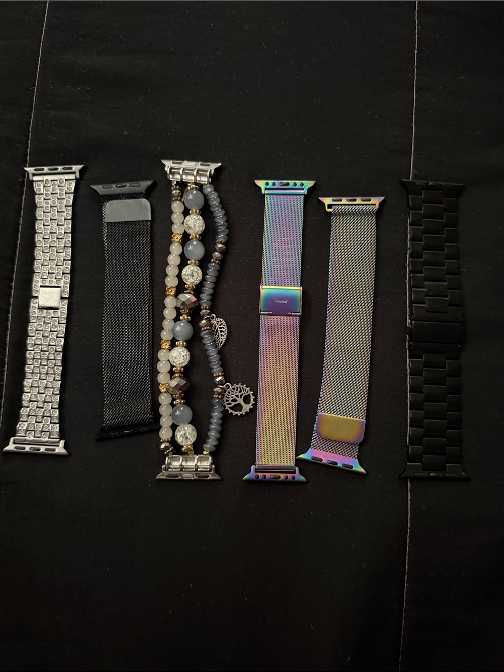 Interchangeable Metal and Beaded Smartwatch Bands - Black, Silver & Iridescent